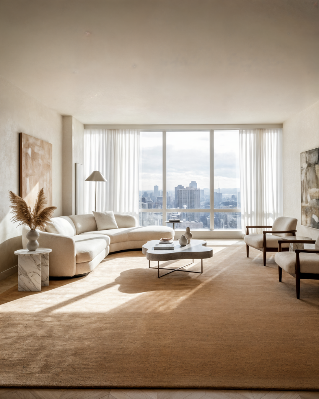 Modern living room with a large window view of a city skyline.