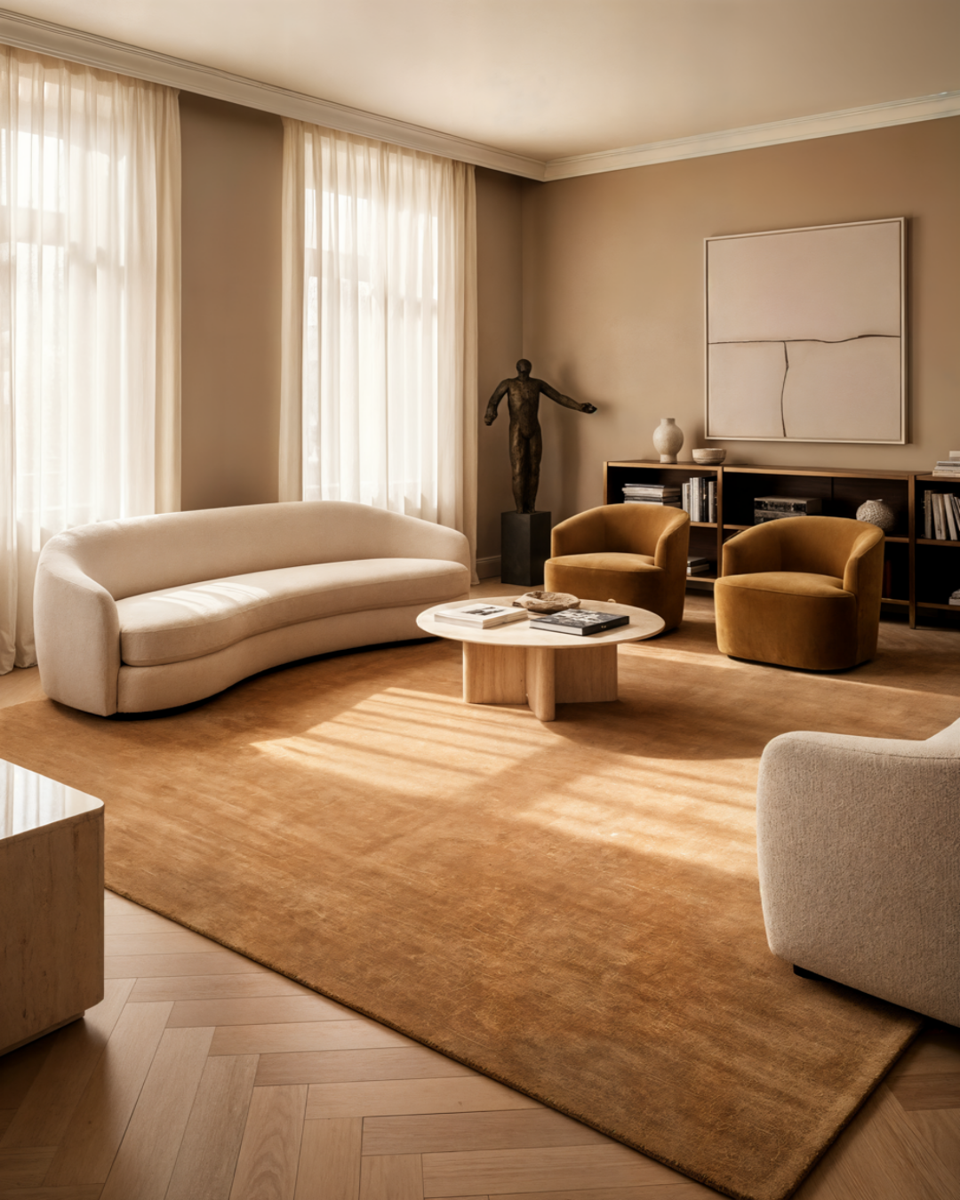 Modern living room with beige sofa, armchairs, and a coffee table.