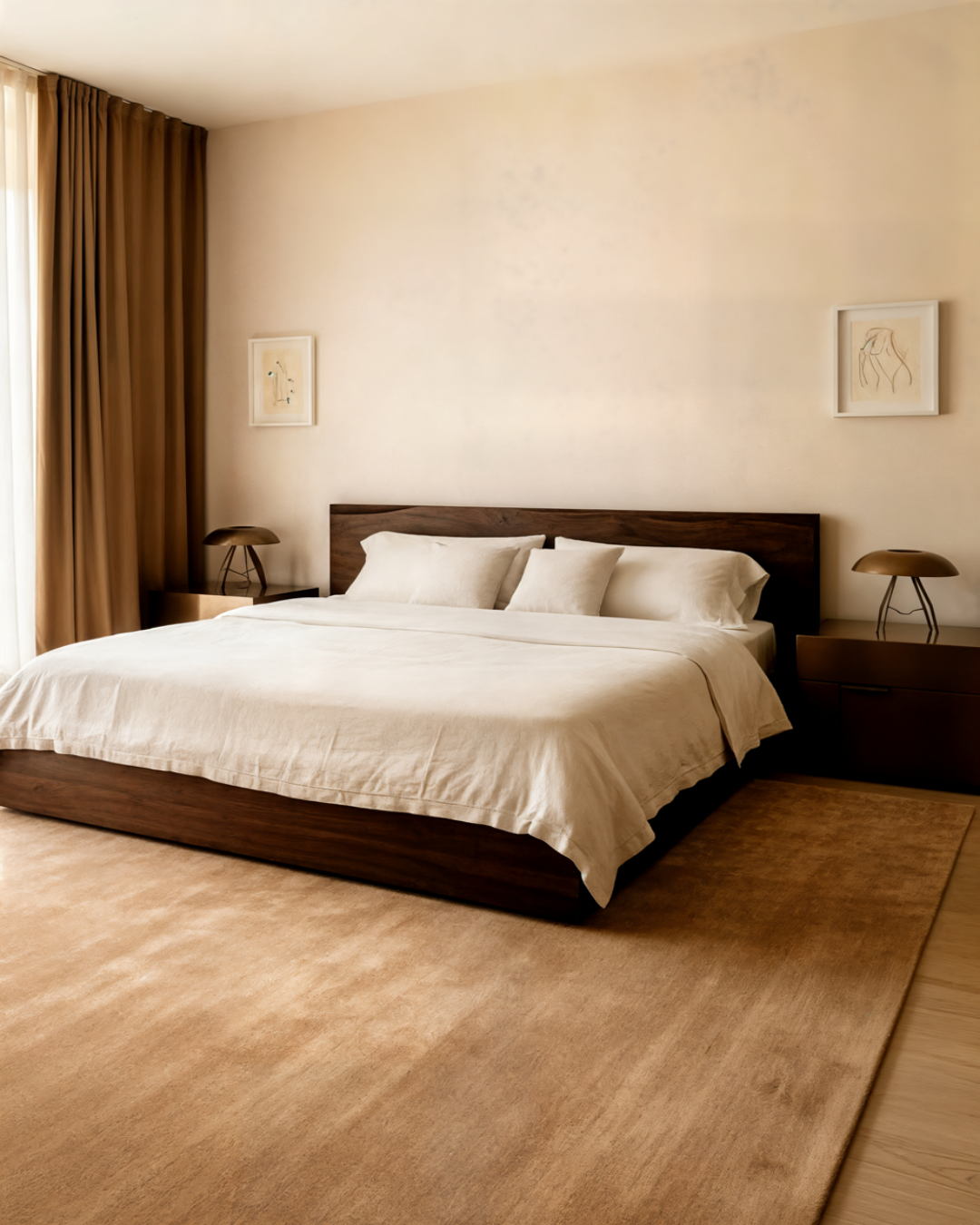 Modern bedroom with a wooden bed and matching nightstands.