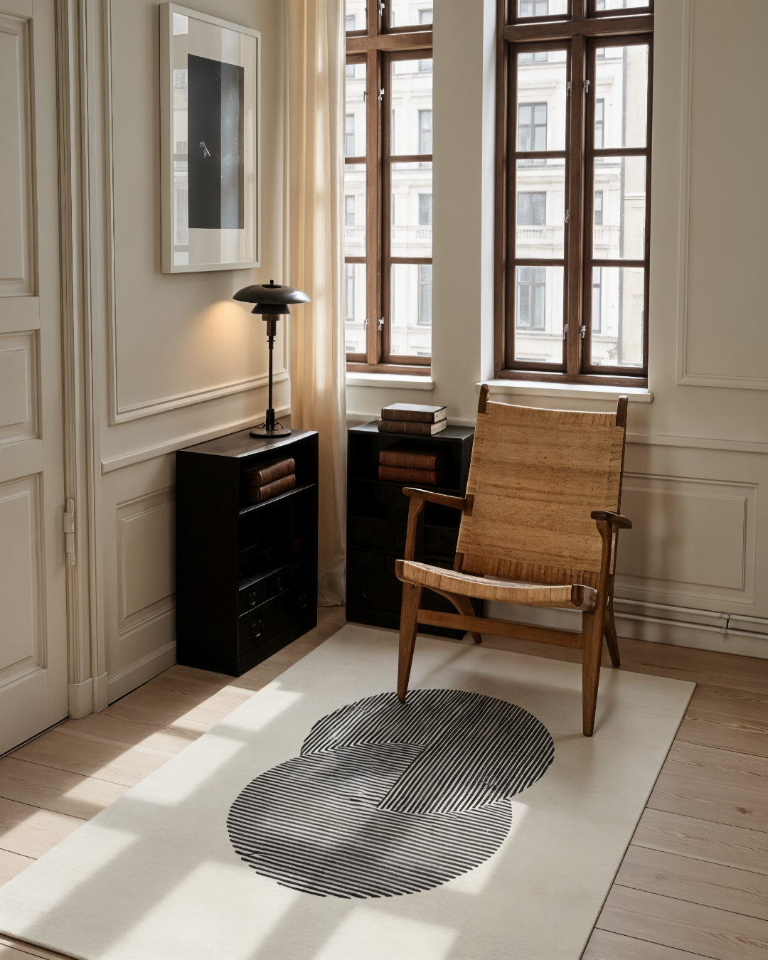 Modern interior with a wooden chair, black lamp, and round rug in a room with large windows.